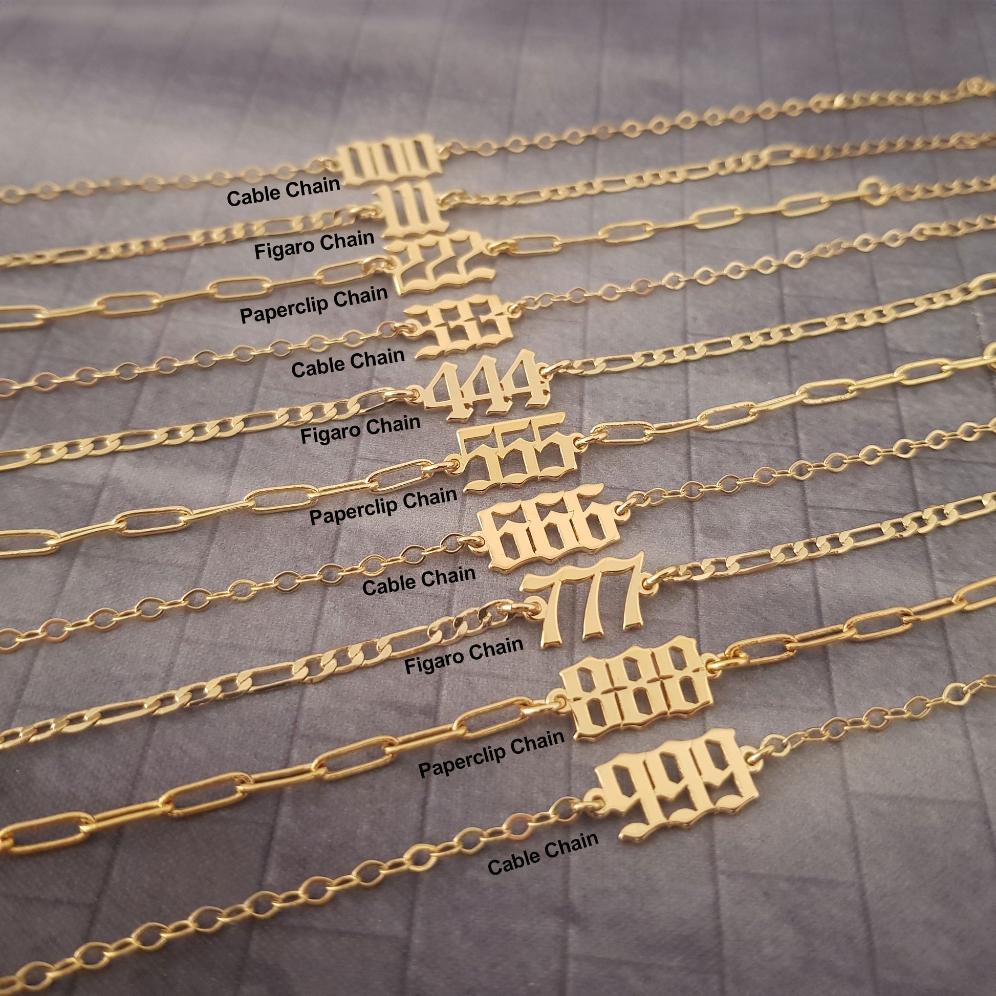 a row of gold chains with the names of each chain