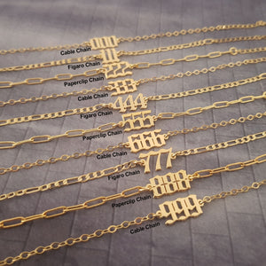 a row of gold chains with the names of each chain