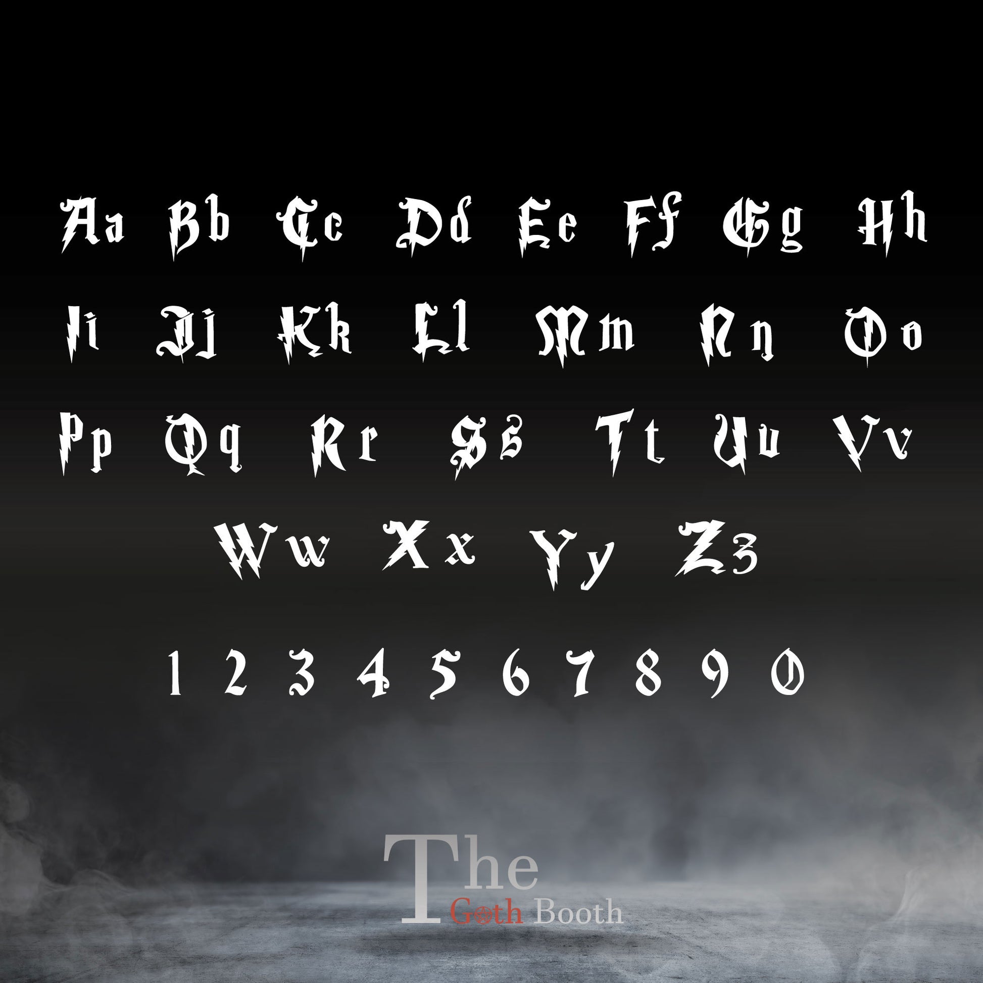 a gothic font with a black background